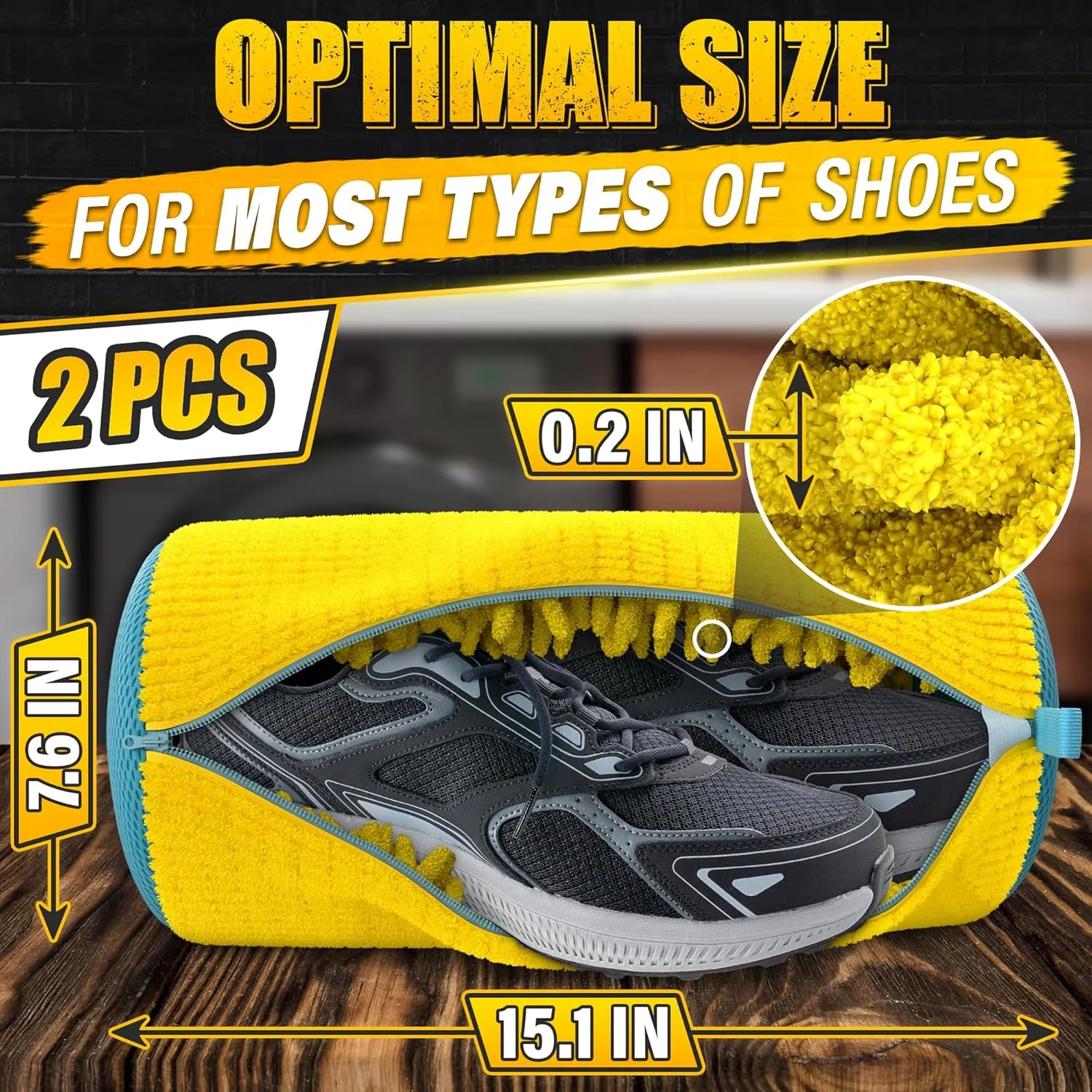 2 Pcs Shoe Washing Machine Bag – 15" Yellow Laundry Shoe Bag for Washing Machine & Dryer with Zipper & Fluffy Fibers for 360° Deep Clean – Enhancing Sneaker Appearance & Protects Washer From Scuffs