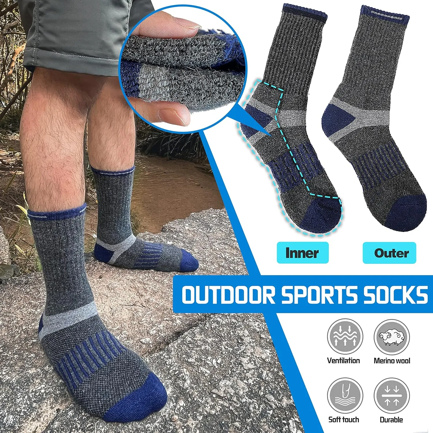 5 Pairs Merino Wool Hiking Socks Warm Thermal Winter Cozy Cushioned Moisture Wicking Socks for Women & Men