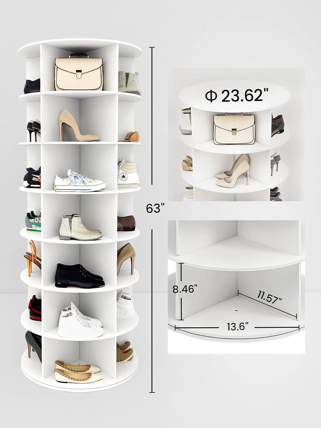 7 Tier Rotating Shoe Rack Tower, 360° Spinning Display Lazy Susan Organizer, Holds 35 Pairs, Carousel for Hats & Handbags, Easy Assembly, Includes 4 PCS Double-Layer Shoe Racks, White