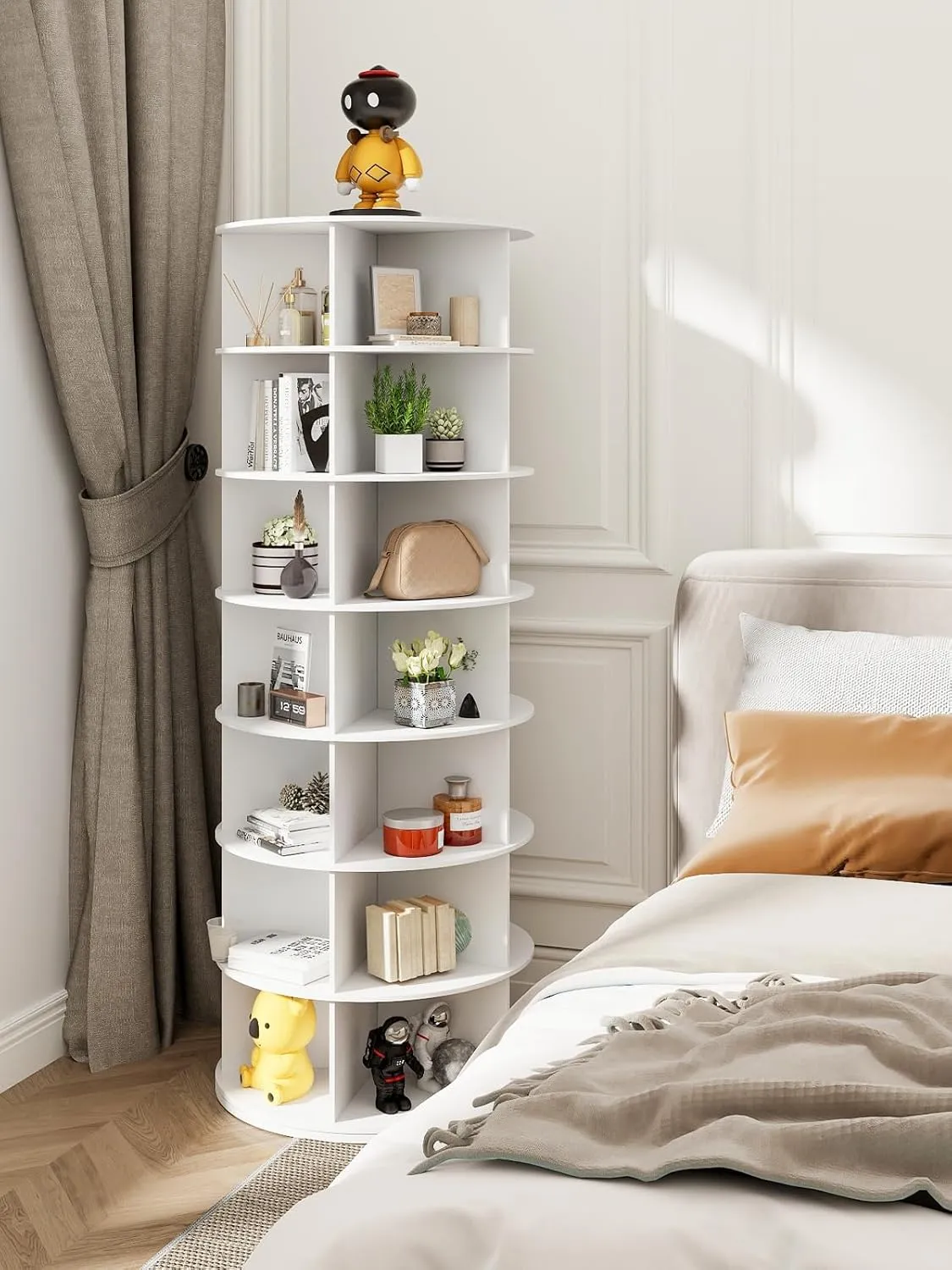 7 Tier Rotating Shoe Rack Tower, 360° Spinning Display Lazy Susan Organizer, Holds 35 Pairs, Carousel for Hats & Handbags, Easy Assembly, Includes 4 PCS Double-Layer Shoe Racks, White