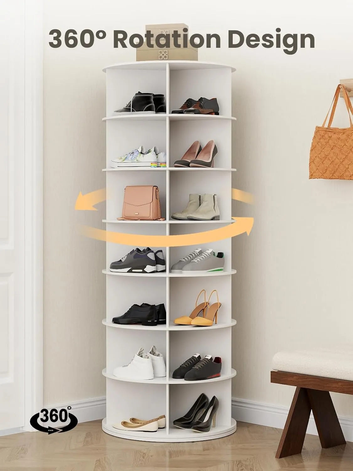 7 Tier Rotating Shoe Rack Tower, 360° Spinning Display Lazy Susan Organizer, Holds 35 Pairs, Carousel for Hats & Handbags, Easy Assembly, Includes 4 PCS Double-Layer Shoe Racks, White
