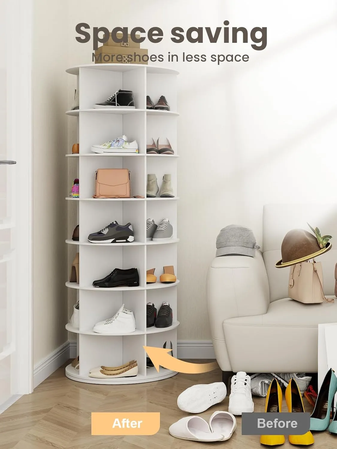 7 Tier Rotating Shoe Rack Tower, 360° Spinning Display Lazy Susan Organizer, Holds 35 Pairs, Carousel for Hats & Handbags, Easy Assembly, Includes 4 PCS Double-Layer Shoe Racks, White