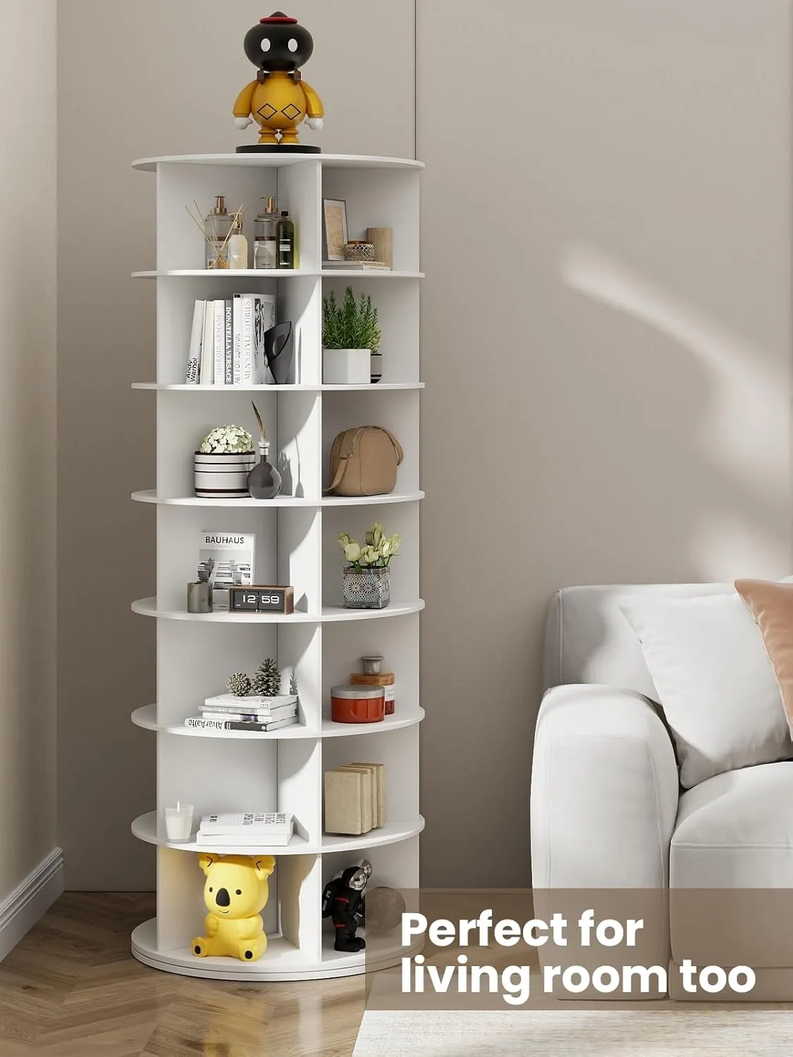 7 Tier Rotating Shoe Rack Tower, 360° Spinning Display Lazy Susan Organizer, Holds 35 Pairs, Carousel for Hats & Handbags, Easy Assembly, Includes 4 PCS Double-Layer Shoe Racks, White