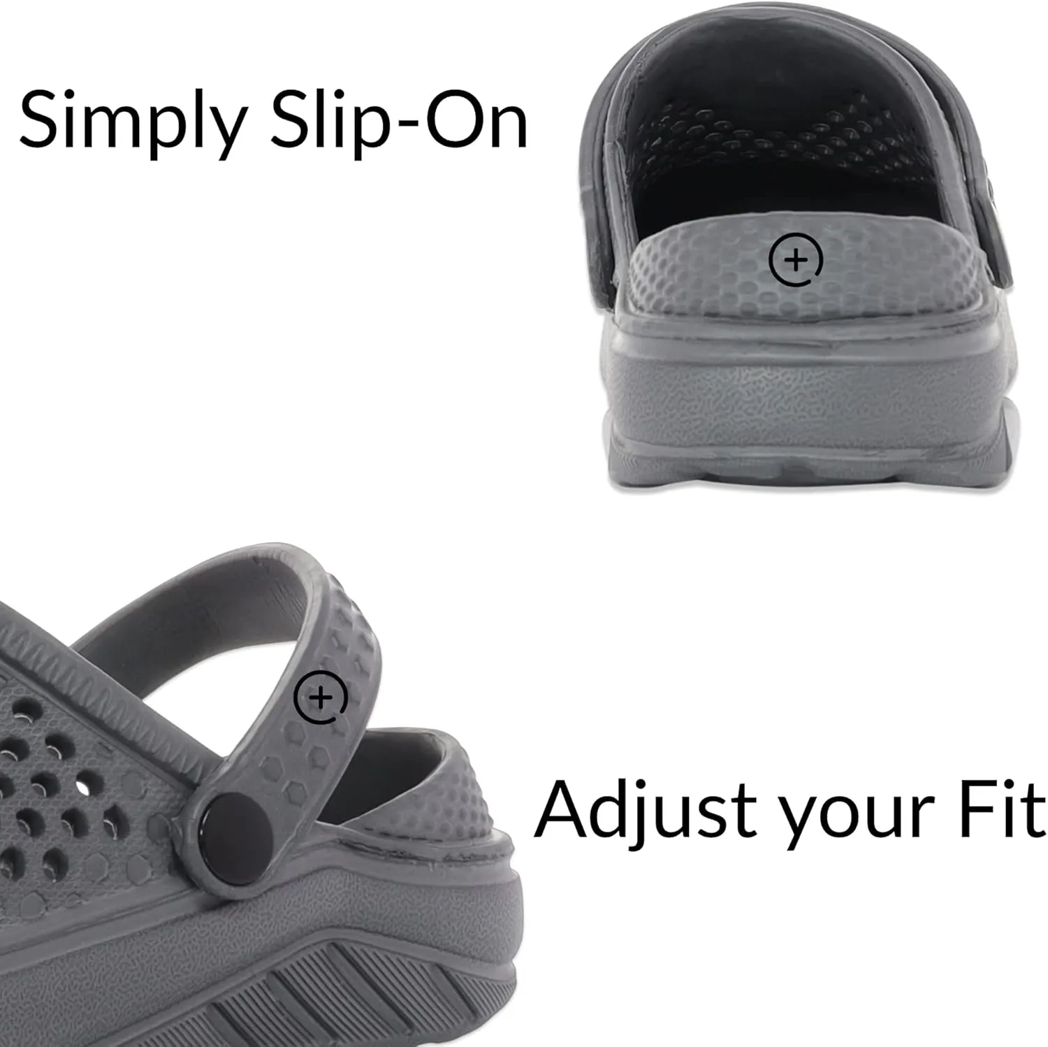 Adult Vented Clogs with Adjustable Heel Strap Slip-On Easy to Clean, Cushioned, Casual EVA Shoes for Everday or Water Shoes for Pool and Beach