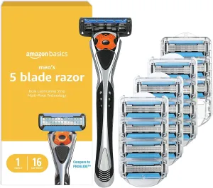 Amazon Basics 5-Blade MotionSphere Men's Razor with Dual Lubrication and Precision Trimmer, 17 Piece Set, 1 Handle & 16 Cartridges, Black
