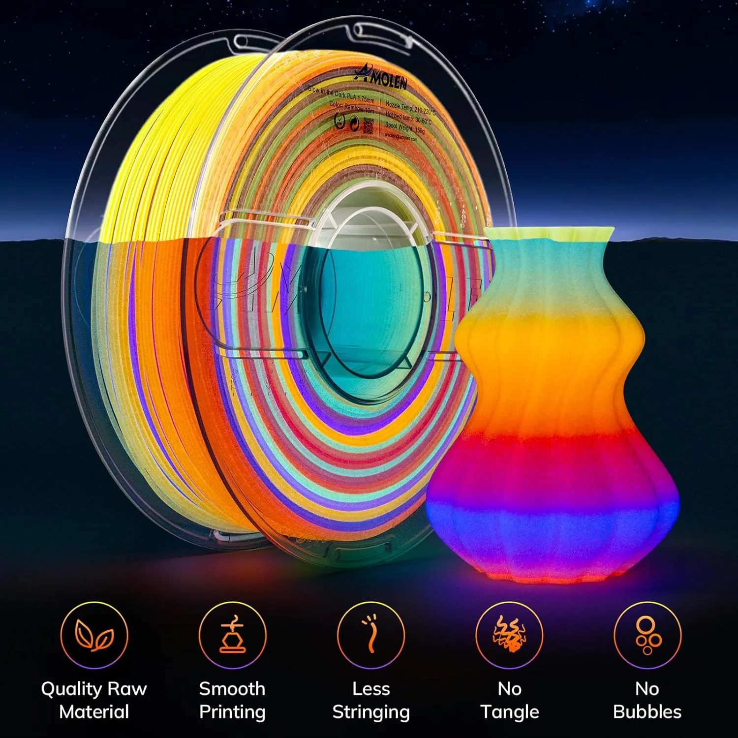 AMOLEN 3D PLA Glow in The Dark Filament 1.75mm, Glow Rainbow 10M Purple, Red, Orange, Blue, 3D Printing PLA Filament 1.75mm, Best with UV Lamps, 1KG Spool (2.2lbs), Dimensional Accuracy  /- 0.02 mm