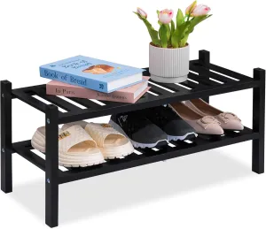 Black Acacia Wood 2-Tier Folding Shoe Rack – Space-Saving Wooden Shoe Organizer Shelf for Entryway, Hallway, Mudroom, or Closet – Compact Indoor Storage for Footwear & More