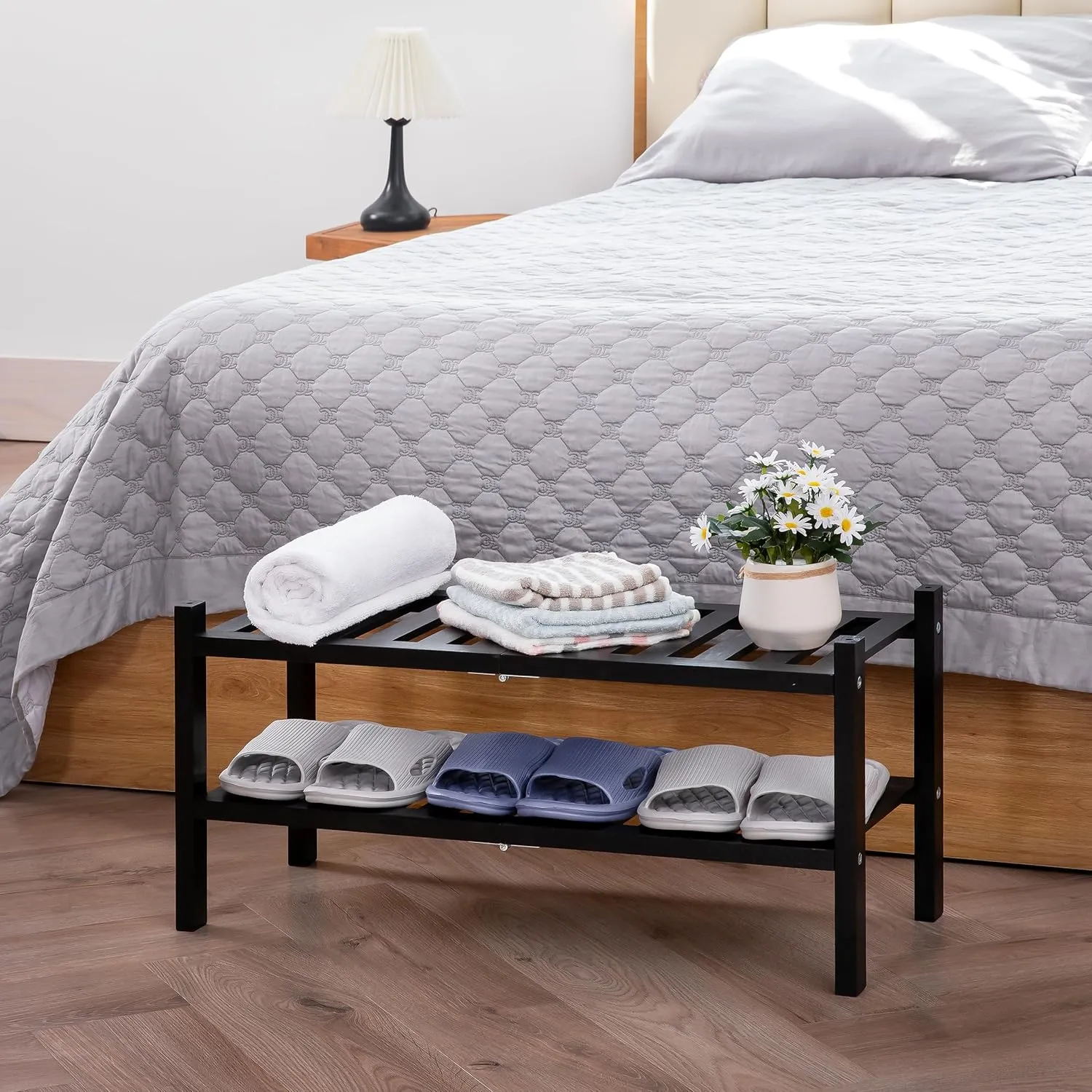 Black Acacia Wood 2-Tier Folding Shoe Rack – Space-Saving Wooden Shoe Organizer Shelf for Entryway, Hallway, Mudroom, or Closet – Compact Indoor Storage for Footwear & More