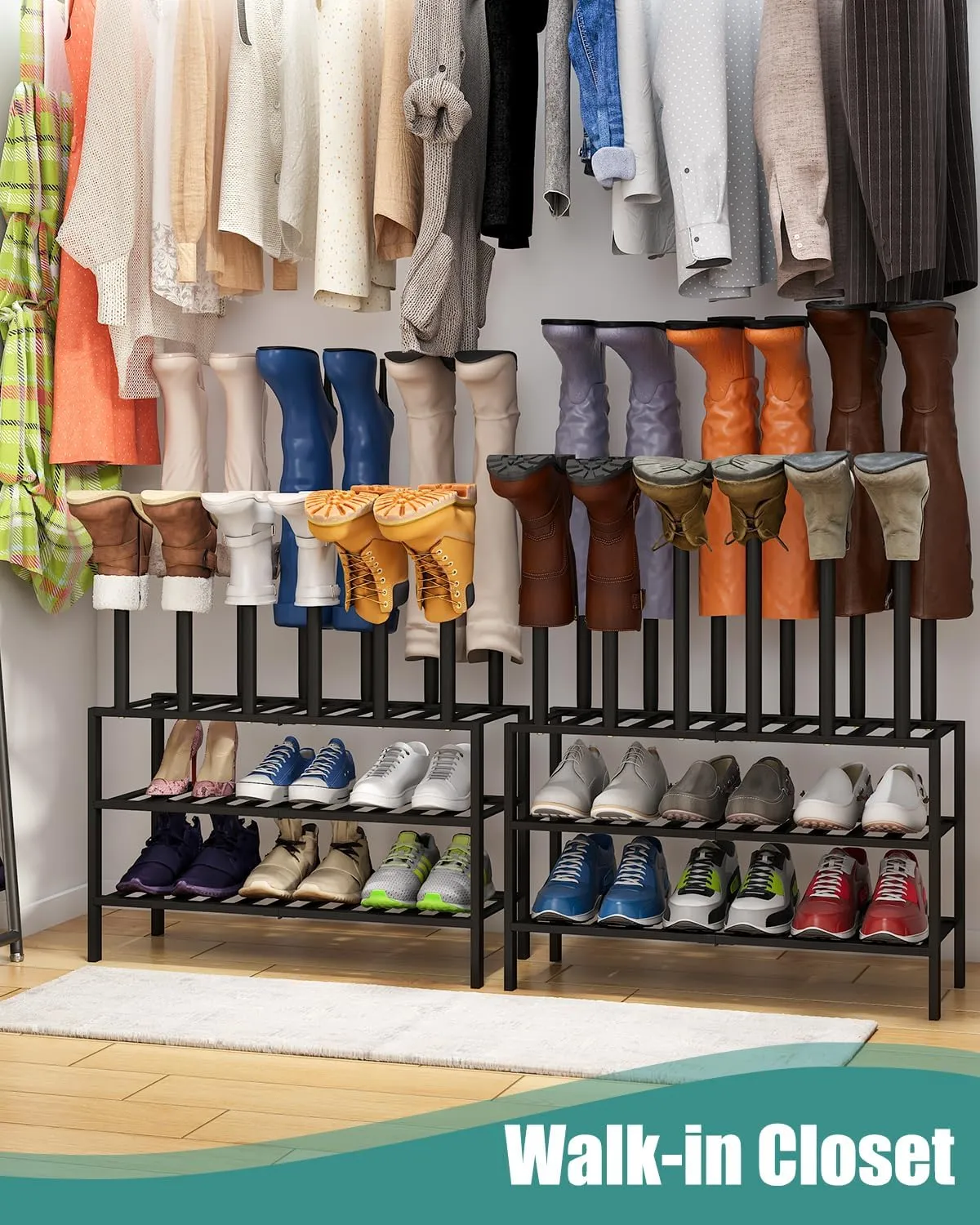 Black Boot Rack, Boot Rack Organizer Tall Boots with Shoe Rack for Closet, Bamboo Wood Shoe Shelf Storage Organizer for Entryway Small Space