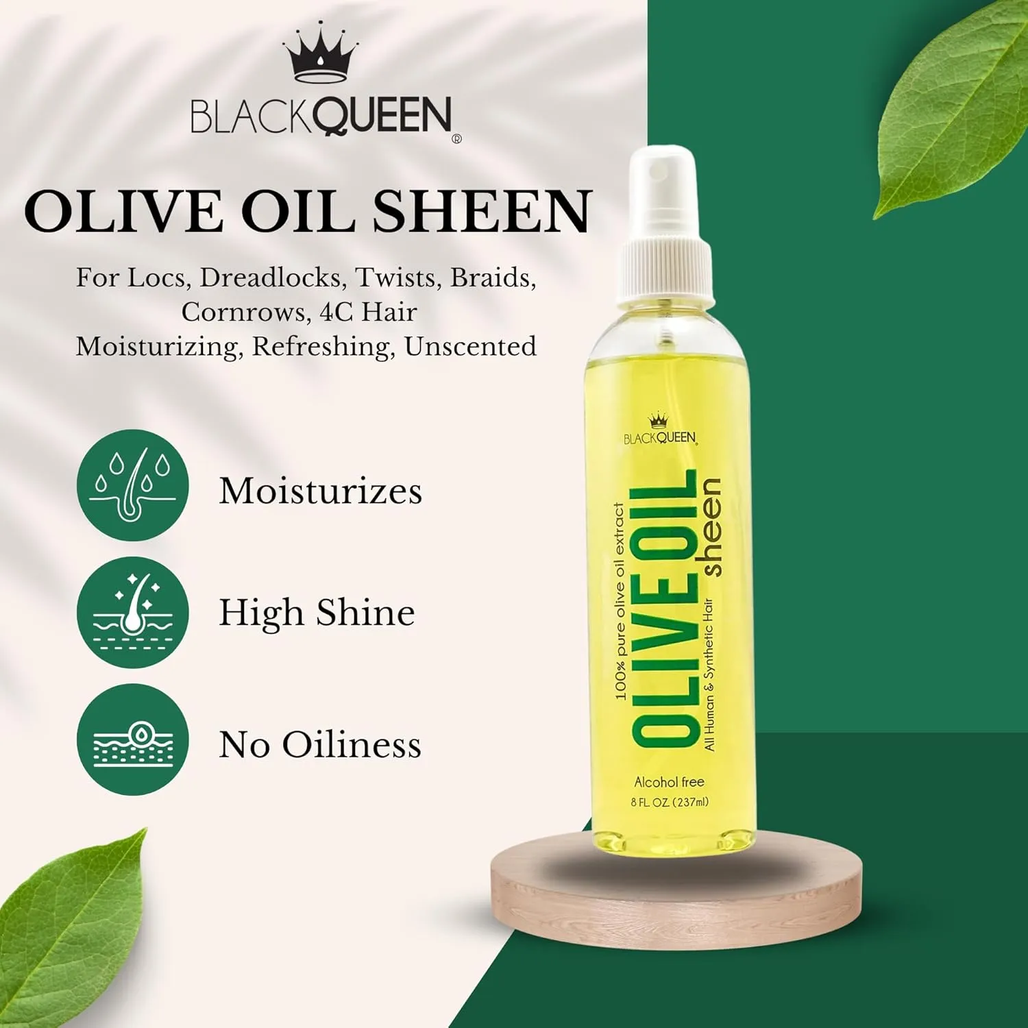 Black Queen Olive Oil Sheen Spray (Unscented) for Locs, Dreadlocks, Twists, Braids, Cornrows, 4C Hair - Moisturizing, Refreshing - 8 oz - Made in the USA - Pack of 1