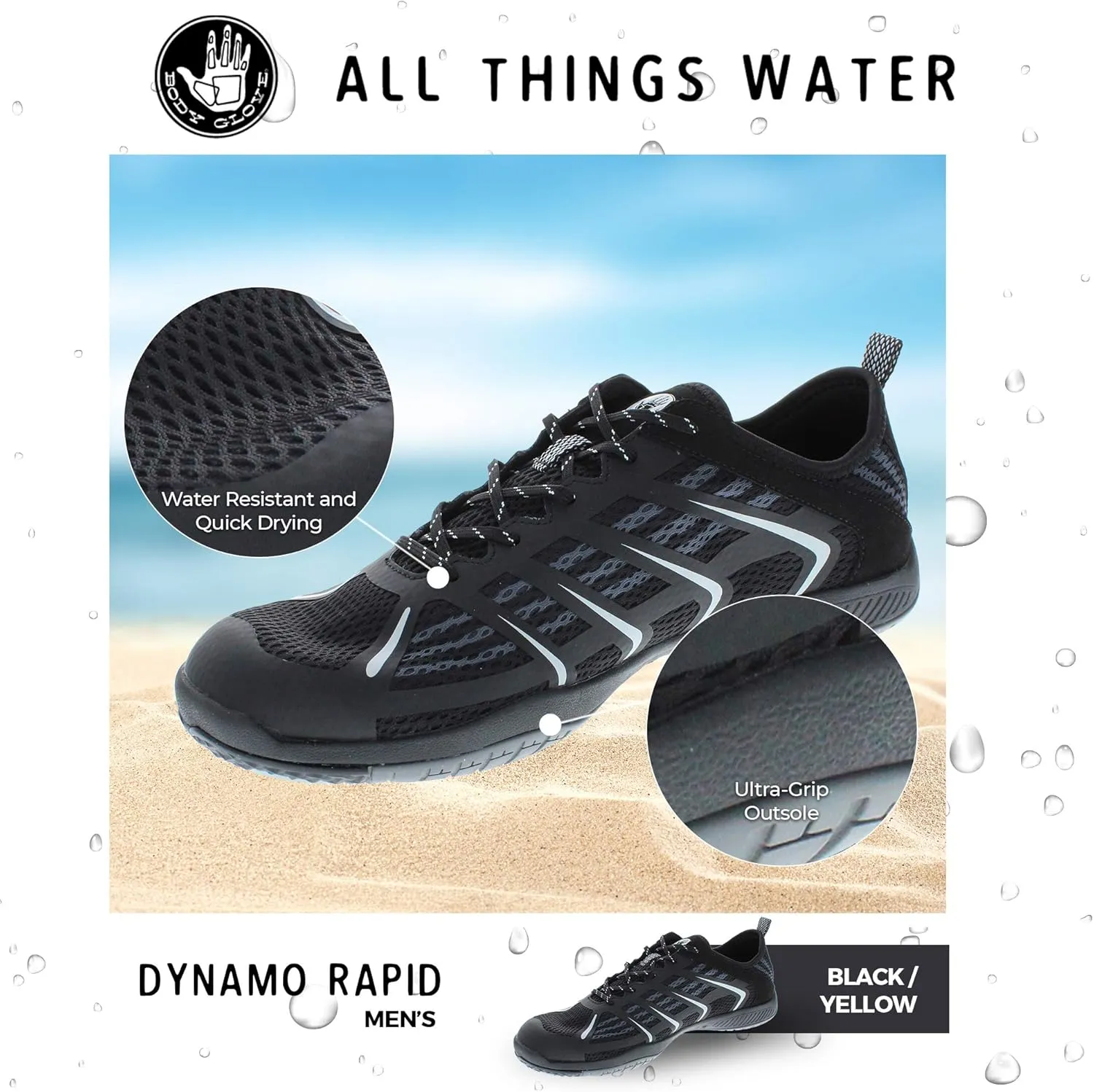 Body Glove Dynamo Rapid Mens Water Shoes(Water Sports, Beach, Outdoor Sneaker, Swimming, River, Hiking, & Kayaking Shoes) Hydro Sport Black and Charcoal Water Shoes