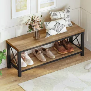 BON AUGURE Entryway Bench, Farmhouse Wooden Metal Entry Storage Bench, Rustic Shoe Benches with Shelf for Foyer, Mudroom, Bedroom, Hall, Entrance (Vintage Oak)