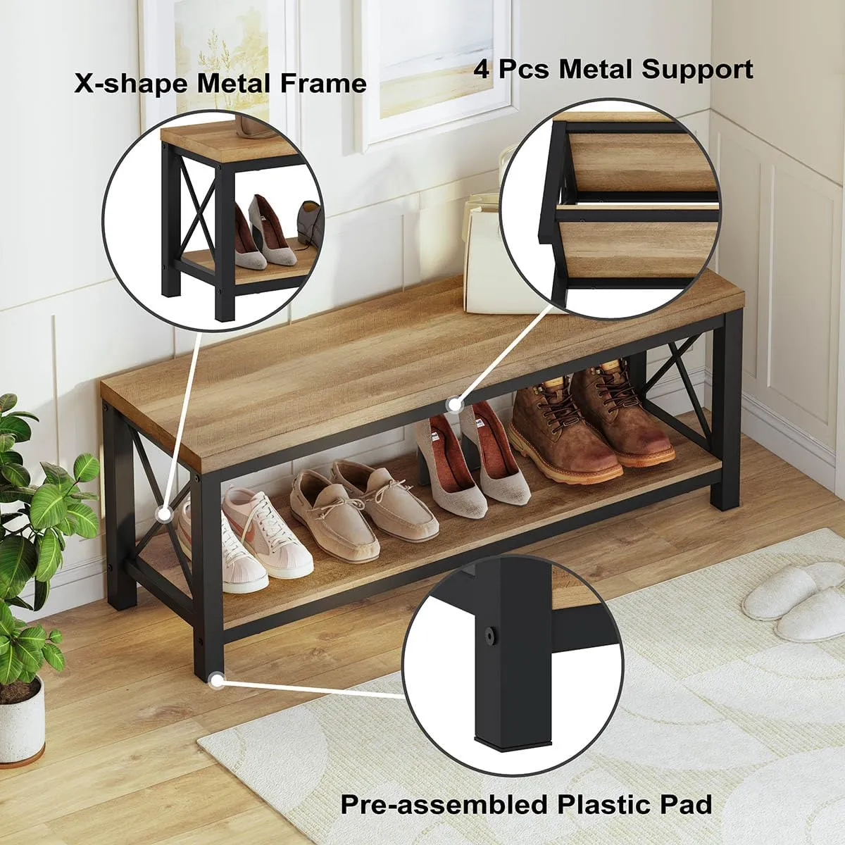 BON AUGURE Entryway Bench, Farmhouse Wooden Metal Entry Storage Bench, Rustic Shoe Benches with Shelf for Foyer, Mudroom, Bedroom, Hall, Entrance (Vintage Oak)