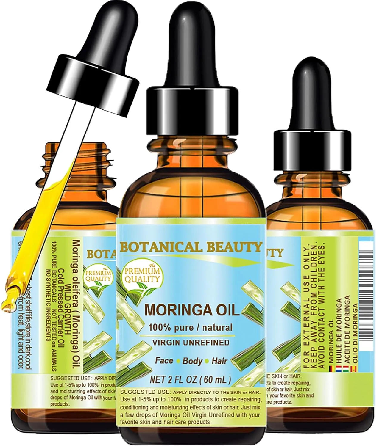 Botanical Beauty MORINGA OIL Moringa oleifera WILD GROWTH Himalayan. 100% Pure Natural Undiluted Virgin Unrefined 2 Fl.oz.- 60 ml for Face, Skin, Hair, Lip, Nails