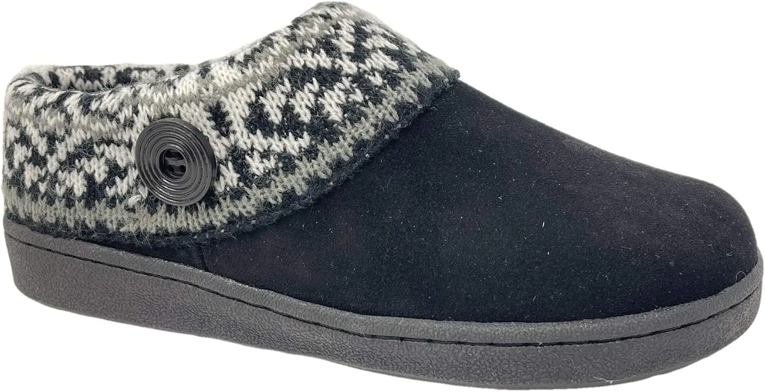 Clarks Womens Suede Leather Comfort Clog Knitted Collar Slipper - Plush Faux Fur Trim - Indoor Outdoor House Slippers For Women (6 M US, Black/Grey Multi)