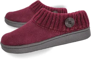 Clarks Womens Suede Leather Comfort Clog Knitted Collar Slipper - Plush Faux Fur Trim - Indoor Outdoor House Slippers For Women (Burgundy/Burgundy Gold 10M)