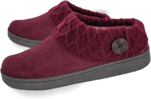 Clarks Womens Suede Leather Comfort Clog Knitted Collar Slipper - Plush Faux Fur Trim - Indoor Outdoor House Slippers For Women (Burgundy/BurgundyX 8M)