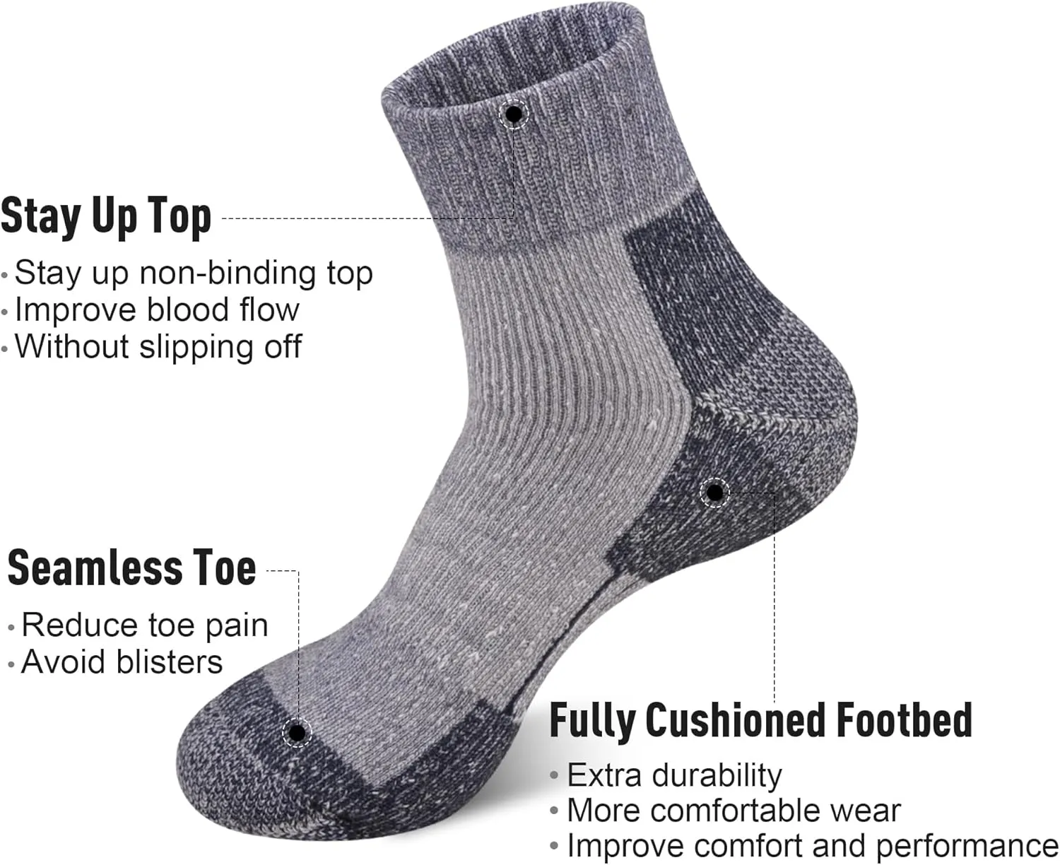 ECOEY Men's Merino Wool Cushioned Hiking Trekking Socks 4 Pairs, Quarter Length with Moisture Wicking