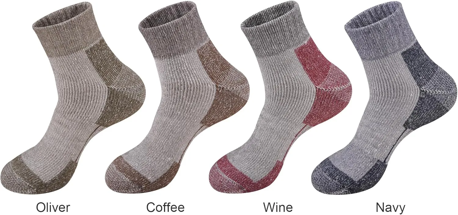 ECOEY Men's Merino Wool Cushioned Hiking Trekking Socks 4 Pairs, Quarter Length with Moisture Wicking