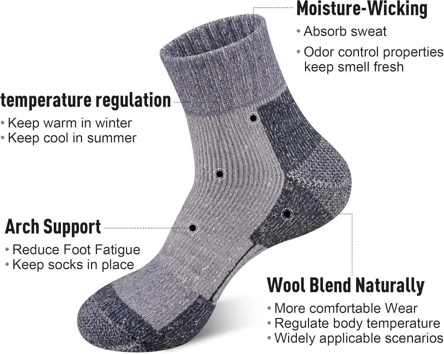 ECOEY Men's Merino Wool Cushioned Hiking Trekking Socks 4 Pairs, Quarter Length with Moisture Wicking