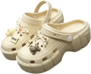 EVA Platform Clogs, Non-Slip 5cm High Heel, Decorative Charms, Cream Color, Women's Sizes 5.5-9