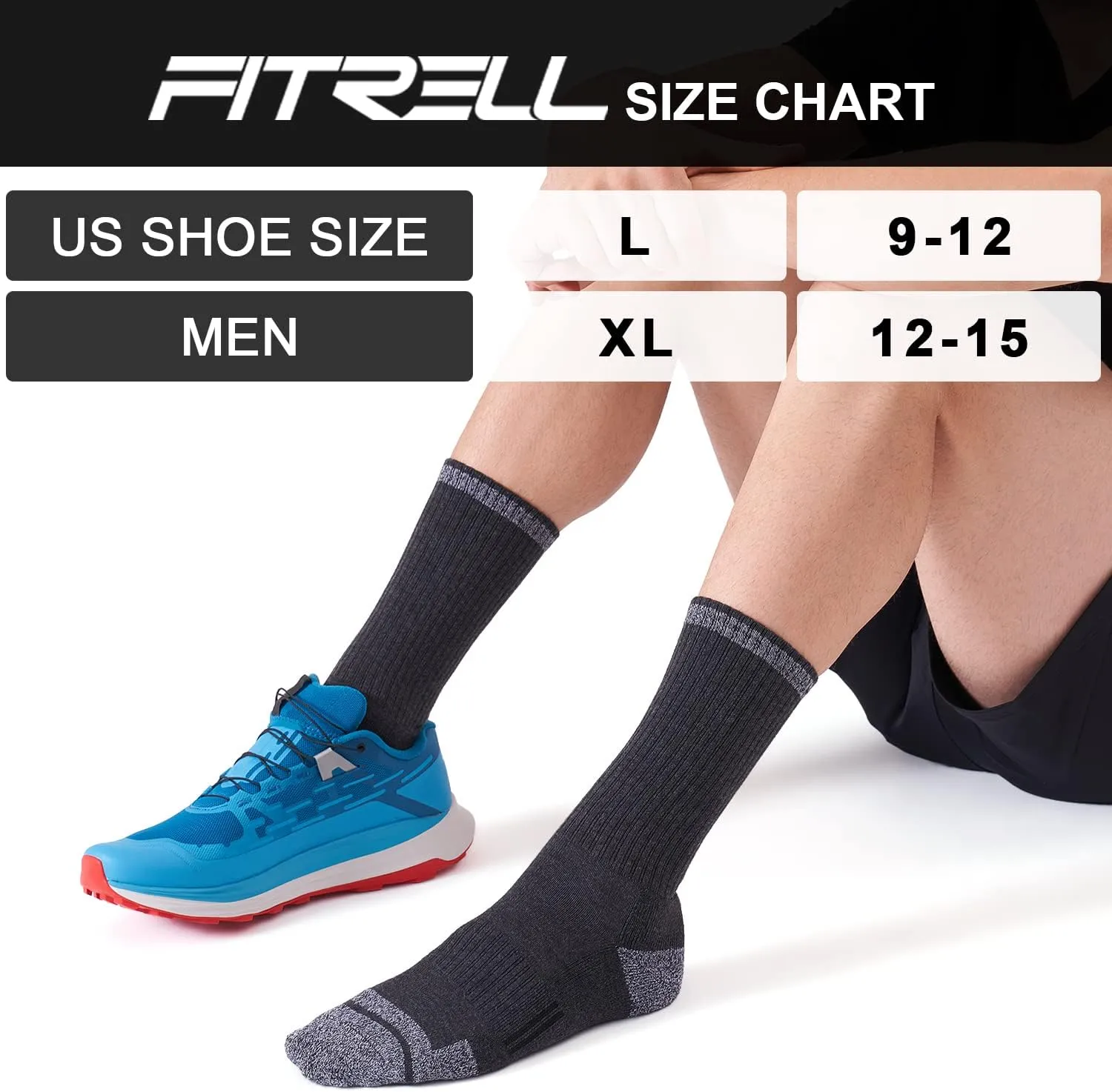 FITRELL 6 Pack Men's Athletic Moisture Wicking Crew Socks Cushioned Sport Running Work Boot Socks Size 9-12/12-15
