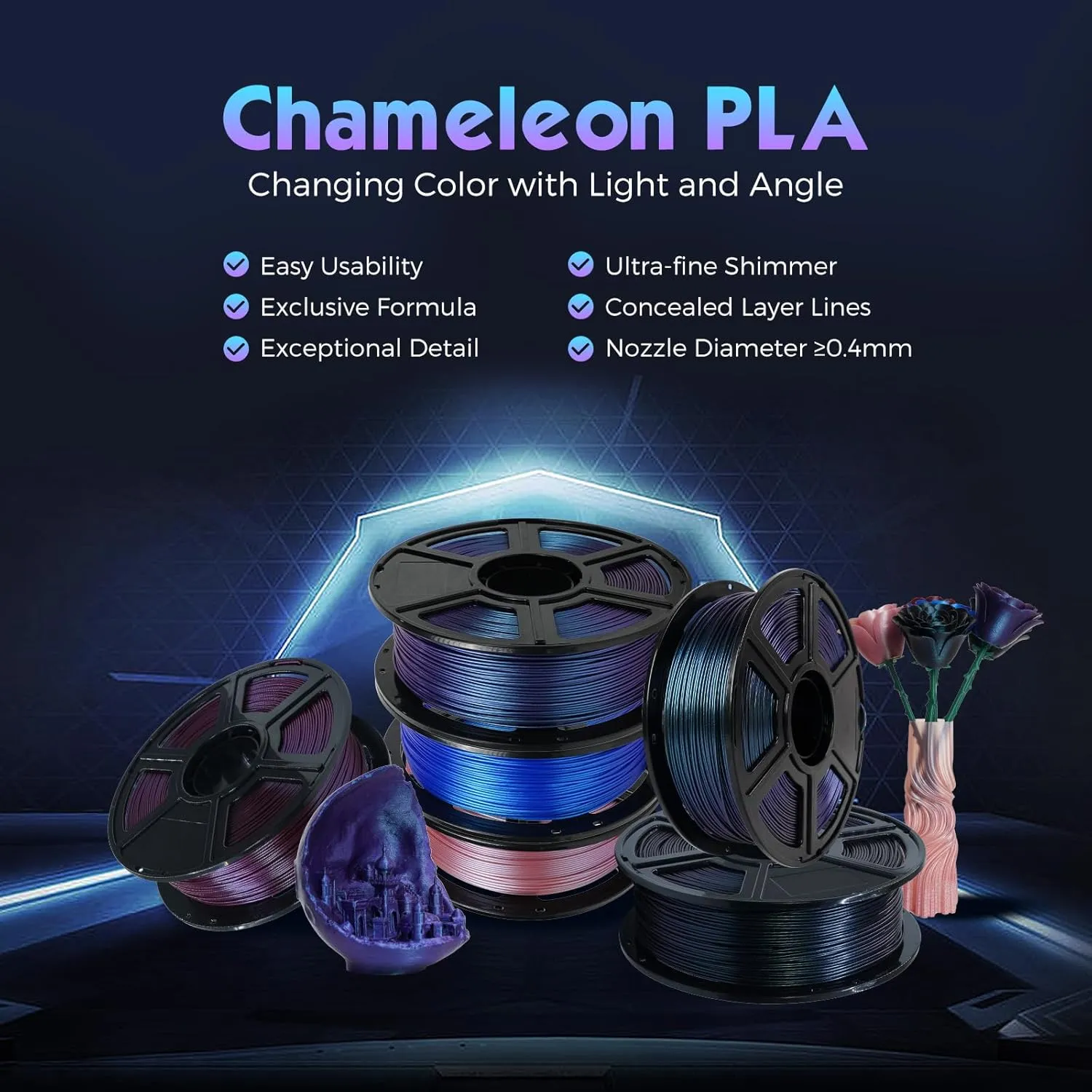 FLASHFORGE PLA Filament 1.75mm  /- 0.02mm Burnt Titanium, Color Changeable 3D Printer Filament 1kg (2.2lbs), Chameleon Changing Colors with Light, Perfectly Hide The Layer Line
