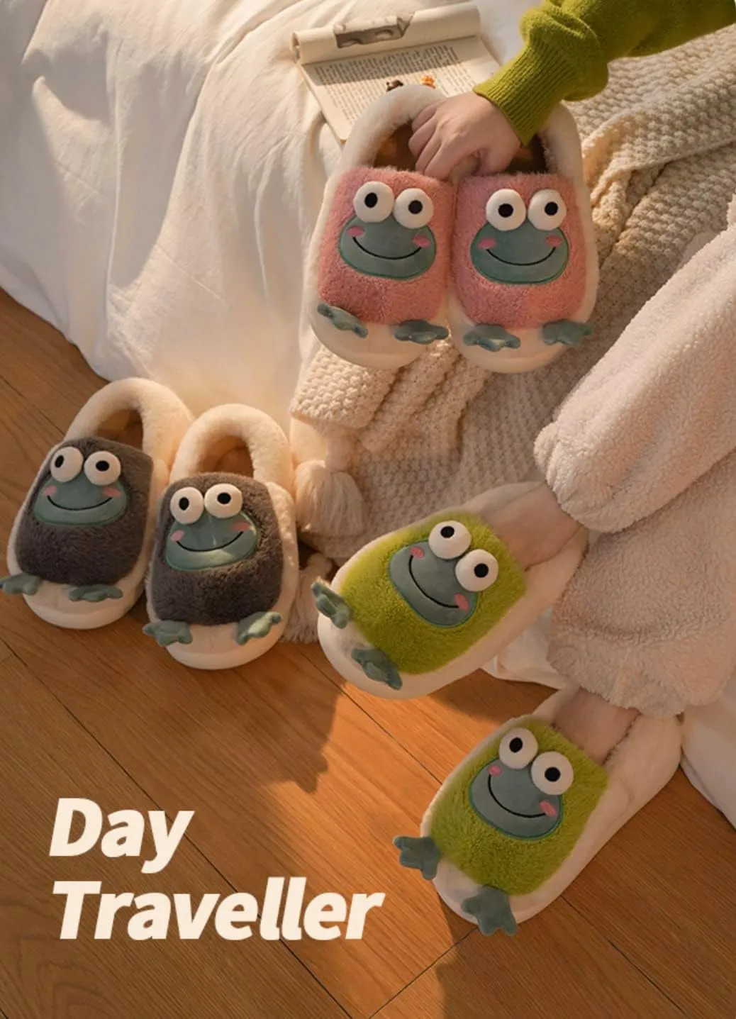 Frog Slippers for Women Cute Animal Slippers for Teen Girls Winter Fuzzy House Slippers (7-7.5, Pink)