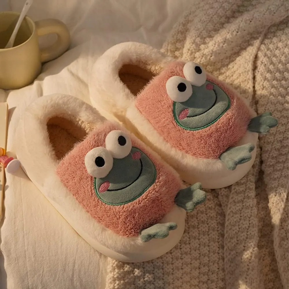 Frog Slippers for Women Cute Animal Slippers for Teen Girls Winter Fuzzy House Slippers (7-7.5, Pink)