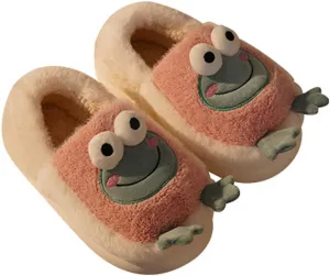 Frog Slippers for Women Cute Animal Slippers for Teen Girls Winter Fuzzy House Slippers (7-7.5, Pink)