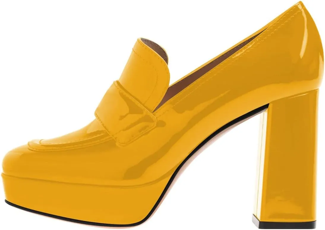 FSJ Women Chic Square Toe Glossy Platform Pumps Chunky High Heel Slip On Party Prom Dress Ladies Casual Loafer Shoes Size 4-15 US
