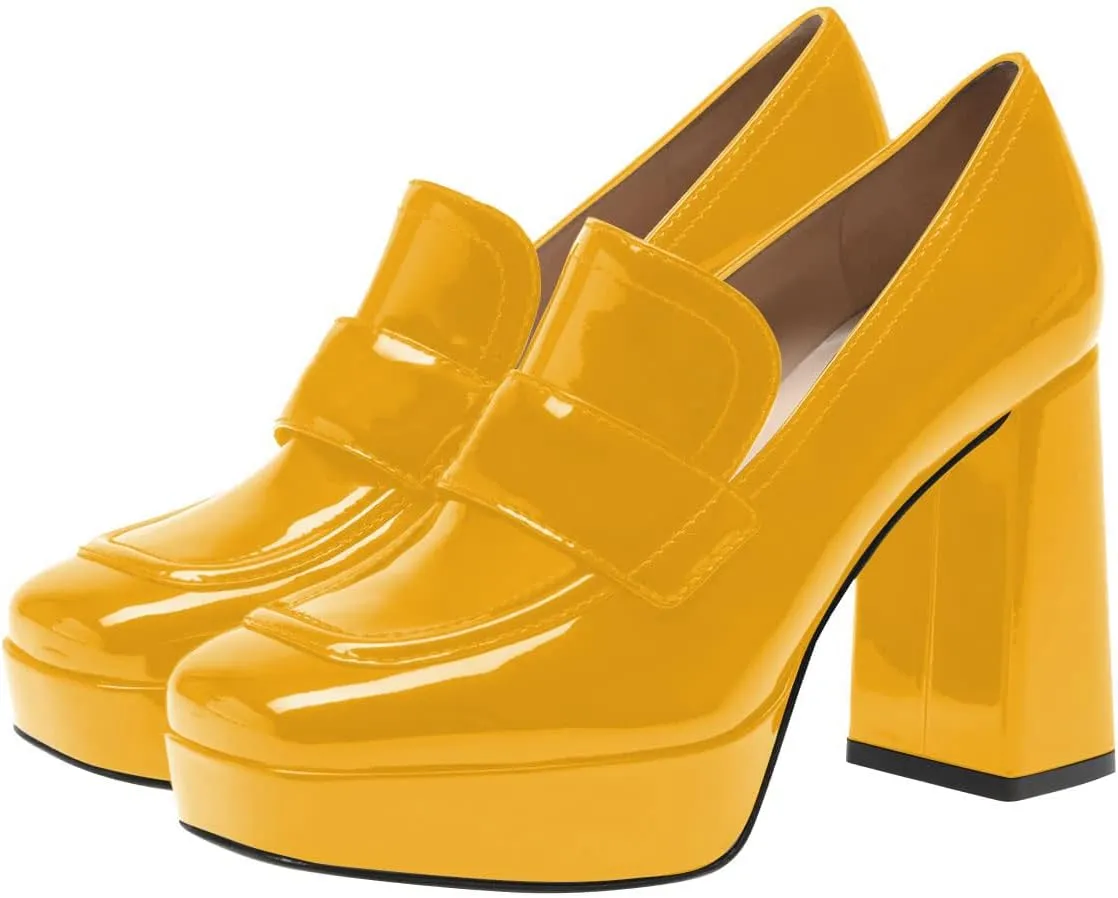 FSJ Women Chic Square Toe Glossy Platform Pumps Chunky High Heel Slip On Party Prom Dress Ladies Casual Loafer Shoes Size 4-15 US