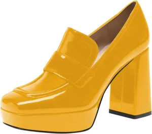 FSJ Women Chic Square Toe Glossy Platform Pumps Chunky High Heel Slip On Party Prom Dress Ladies Casual Loafer Shoes Size 4-15 US