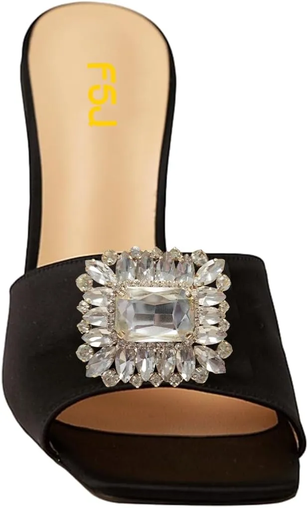 FSJ Women Luxury Square Crystal High Heel Sandals Mule Open Toe Rhinestone Block Heel Slip On Comfort Evening Party Dress Gem Slides Shoes Size 4-16 US