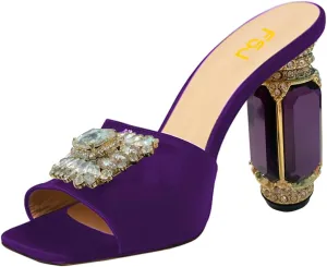 FSJ Women Luxury Square Crystal High Heel Sandals Mule Open Toe Rhinestone Block Heel Slip On Comfort Evening Party Dress Gem Slides Shoes Size 4-16 US