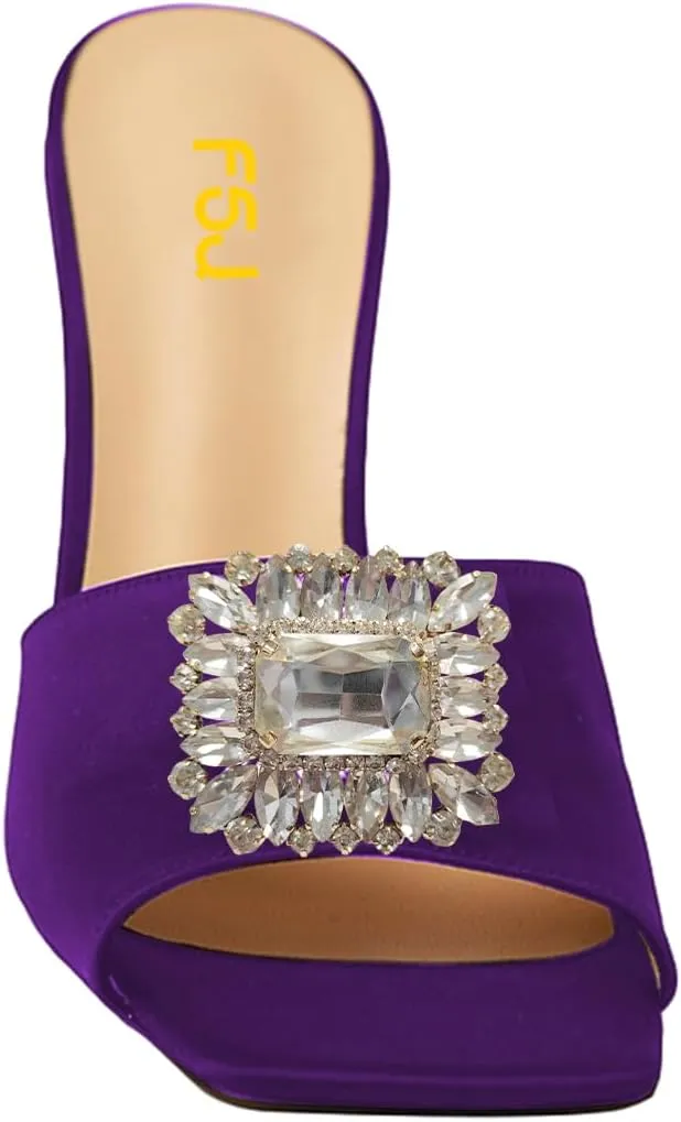 FSJ Women Luxury Square Crystal High Heel Sandals Mule Open Toe Rhinestone Block Heel Slip On Comfort Evening Party Dress Gem Slides Shoes Size 4-16 US