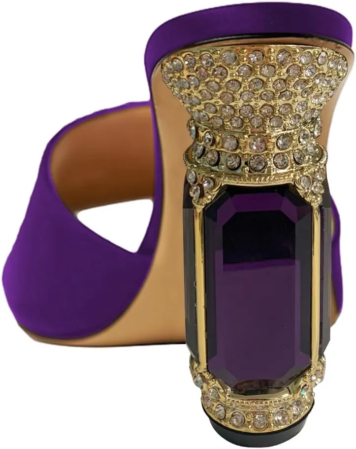 FSJ Women Luxury Square Crystal High Heel Sandals Mule Open Toe Rhinestone Block Heel Slip On Comfort Evening Party Dress Gem Slides Shoes Size 4-16 US