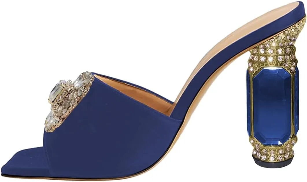 FSJ Women Luxury Square Crystal High Heel Sandals Mule Open Toe Rhinestone Block Heel Slip On Comfort Evening Party Dress Gem Slides Shoes Size 4-16 US