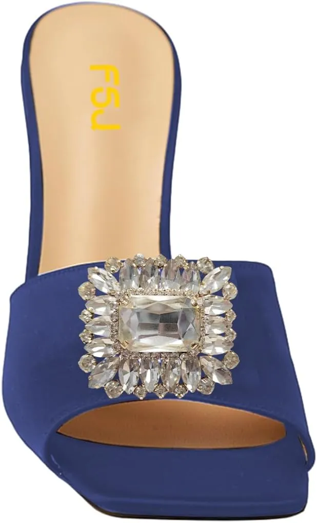 FSJ Women Luxury Square Crystal High Heel Sandals Mule Open Toe Rhinestone Block Heel Slip On Comfort Evening Party Dress Gem Slides Shoes Size 4-16 US