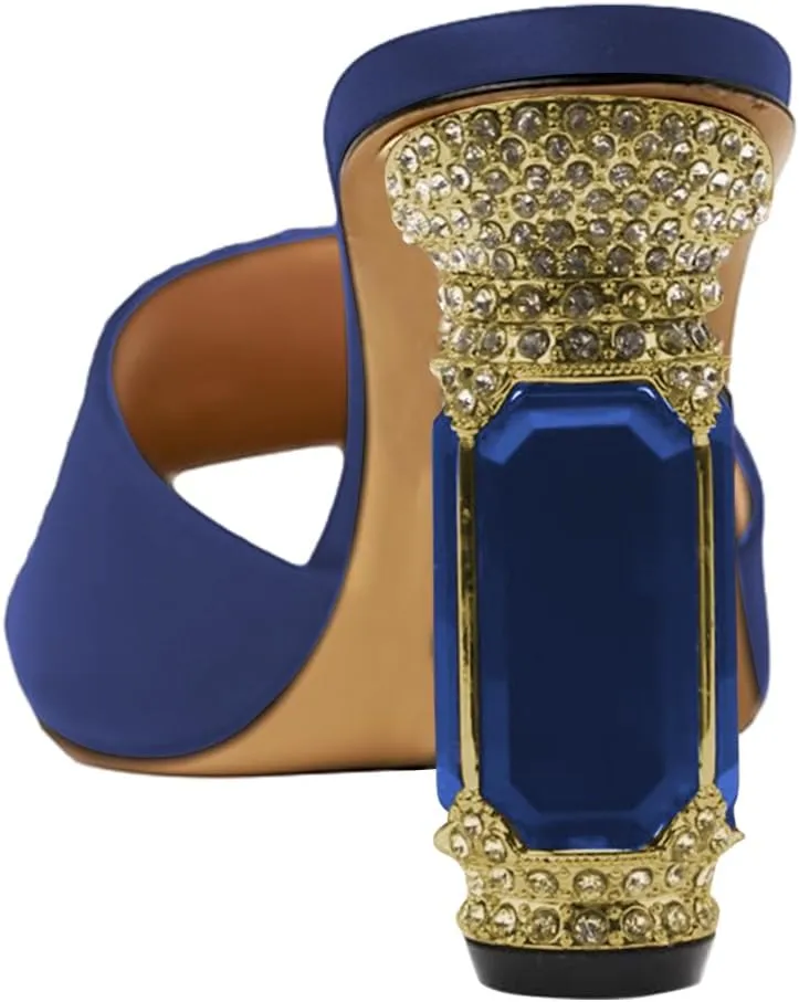 FSJ Women Luxury Square Crystal High Heel Sandals Mule Open Toe Rhinestone Block Heel Slip On Comfort Evening Party Dress Gem Slides Shoes Size 4-16 US