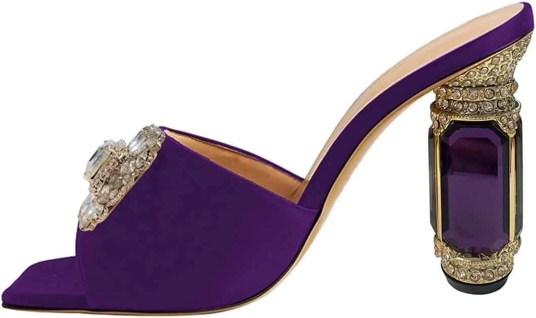 FSJ Women Luxury Square Crystal High Heel Sandals Mule Open Toe Rhinestone Block Heel Slip On Comfort Evening Party Dress Gem Slides Shoes Size 4-16 US