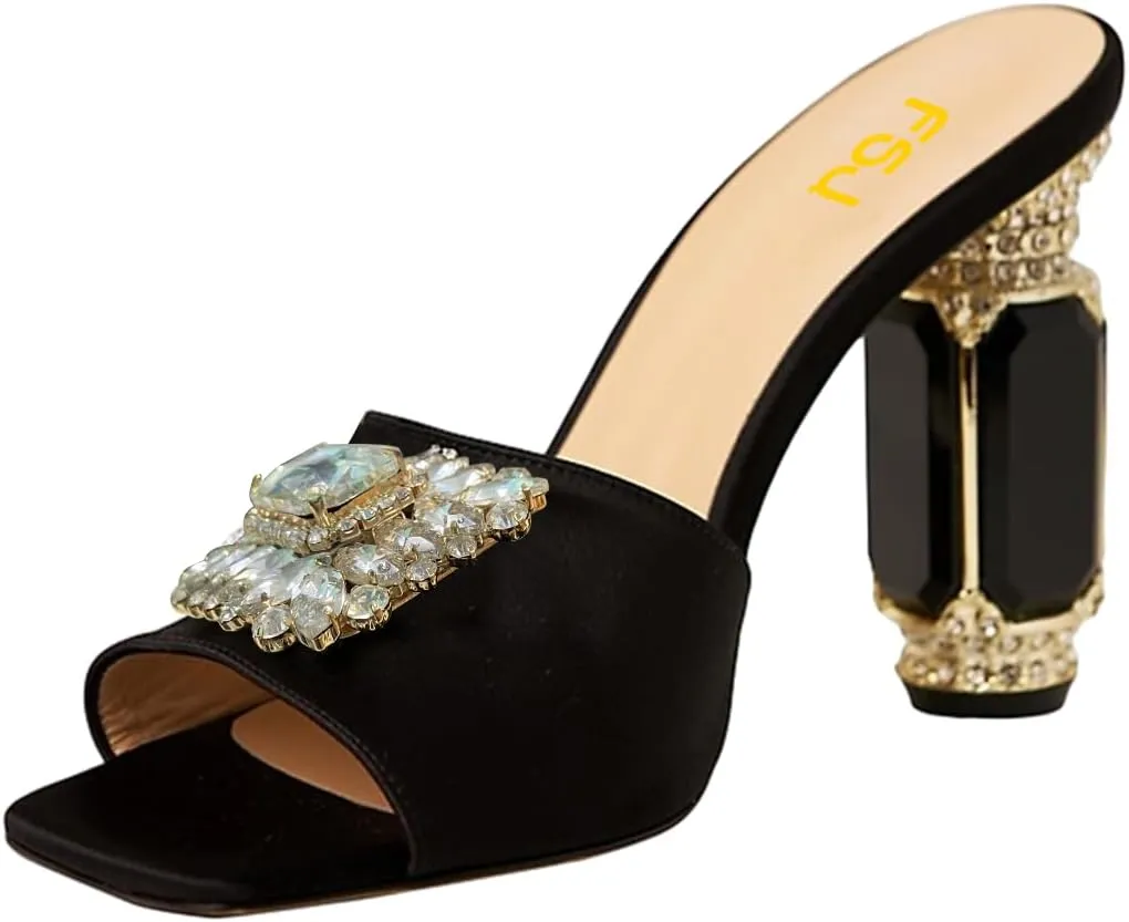 FSJ Women Luxury Square Crystal High Heel Sandals Mule Open Toe Rhinestone Block Heel Slip On Comfort Evening Party Dress Gem Slides Shoes Size 4-16 US