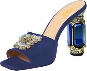 FSJ Women Luxury Square Crystal High Heel Sandals Mule Open Toe Rhinestone Block Heel Slip On Comfort Evening Party Dress Gem Slides Shoes Size 4-16 US