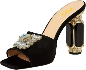 FSJ Women Luxury Square Crystal High Heel Sandals Mule Open Toe Rhinestone Block Heel Slip On Comfort Evening Party Dress Gem Slides Shoes Size 4-16 US