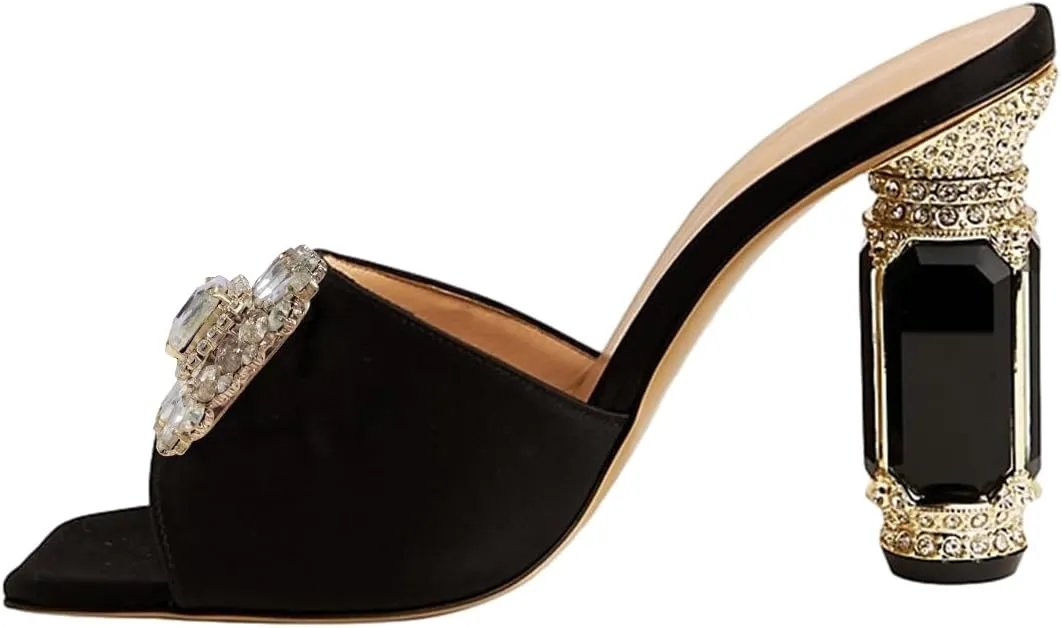 FSJ Women Luxury Square Crystal High Heel Sandals Mule Open Toe Rhinestone Block Heel Slip On Comfort Evening Party Dress Gem Slides Shoes Size 4-16 US