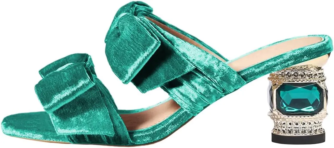 FSJ Women Two Bow Heeled Sandals Slip On Open Toe Low Crystal Block Chunky Heel Mule Velvet Bride Wedding Dress Shoes Size 4-16 US