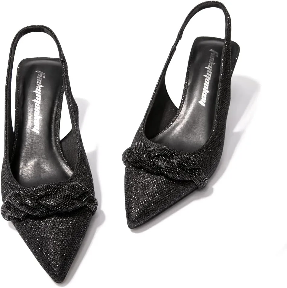 FUNKYMONKEY Women's Slingback Pumps Shoes, Elastic Strap Pointed Toe Kitten Heel Dress Wedding Party Shoes