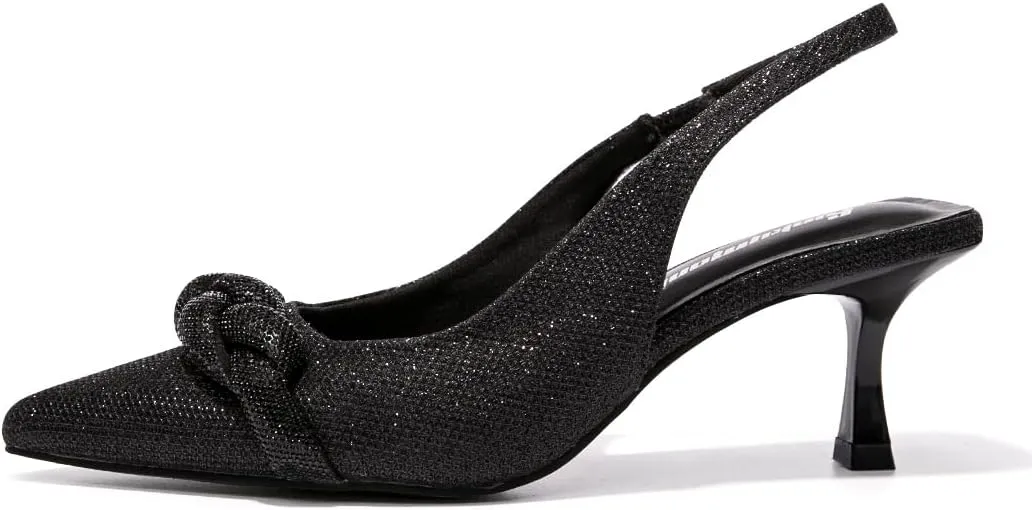 FUNKYMONKEY Women's Slingback Pumps Shoes, Elastic Strap Pointed Toe Kitten Heel Dress Wedding Party Shoes