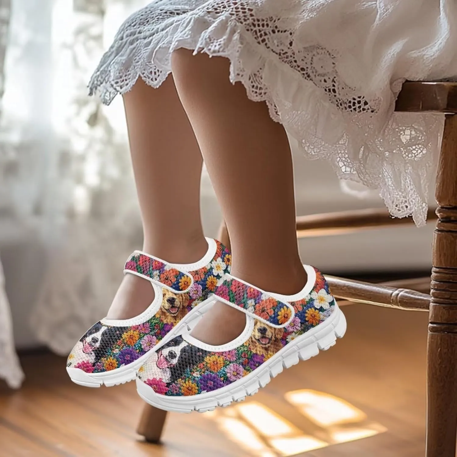 Girls Single Buckle Sneaker,Mary Jane Flats Shoes for Kids,Lightweight Walking Sneaker with White Sole Size 11-15