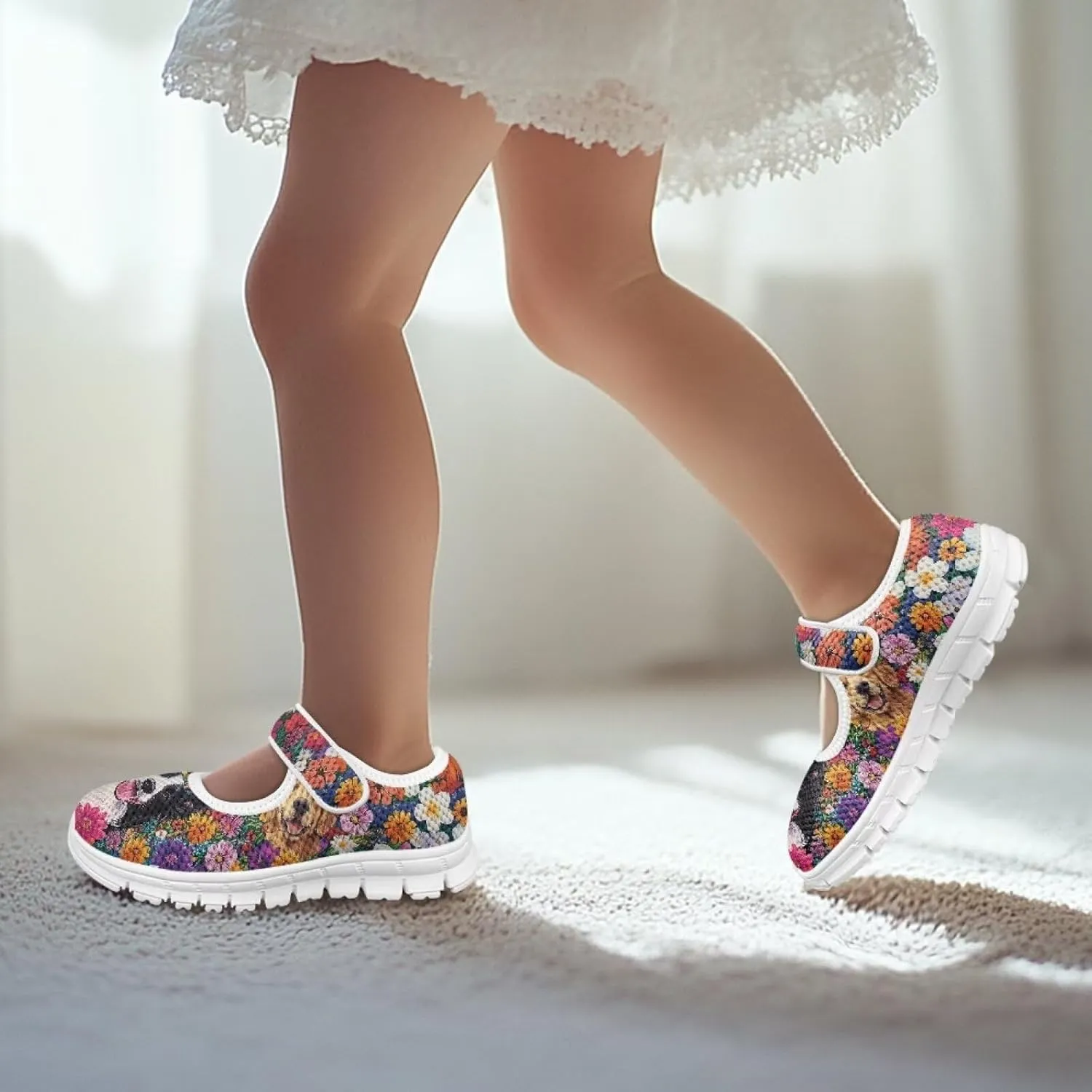 Girls Single Buckle Sneaker,Mary Jane Flats Shoes for Kids,Lightweight Walking Sneaker with White Sole Size 11-15